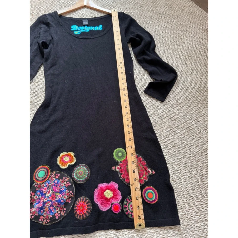 Desigual Black Long Sleeve Dress Floral Embroidery Applique Scoop Neck Y2K‎ midi